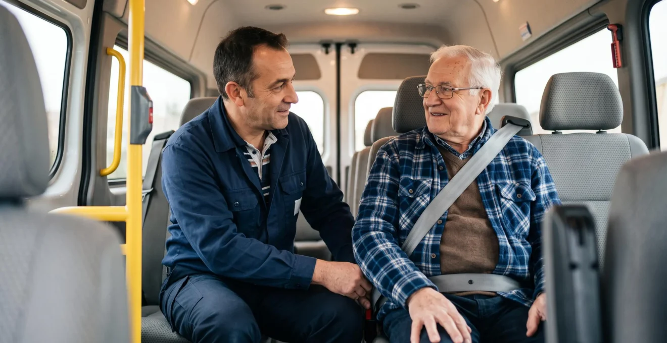 À l'intérieur d'un véhicule adapté, un chauffeur professionnel échange avec bienveillance avec un passager senior confortablement installé.