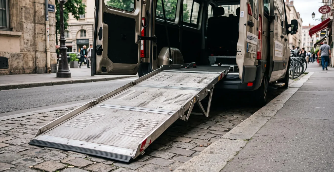 Gros plan sur une rampe d'accès déployée depuis un véhicule de transport adapté, montrant la surface antidérapante et l'inclinaison progressive.