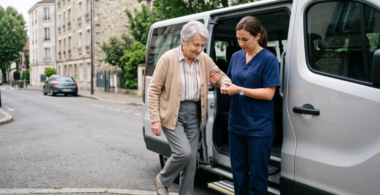 Une professionnelle aide une femme senior à monter dans un véhicule de transport adapté devant un immeuble résidentiel.