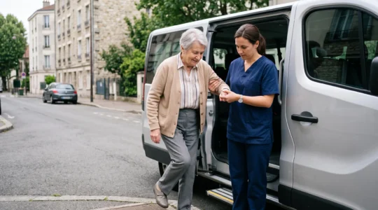 Une professionnelle aide une femme senior à monter dans un véhicule de transport adapté devant un immeuble résidentiel.