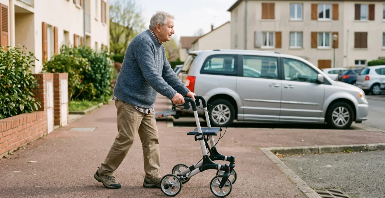 Un homme senior se déplace de manière autonome avec un déambulateur à roulettes vers un véhicule adapté en arrière-plan.